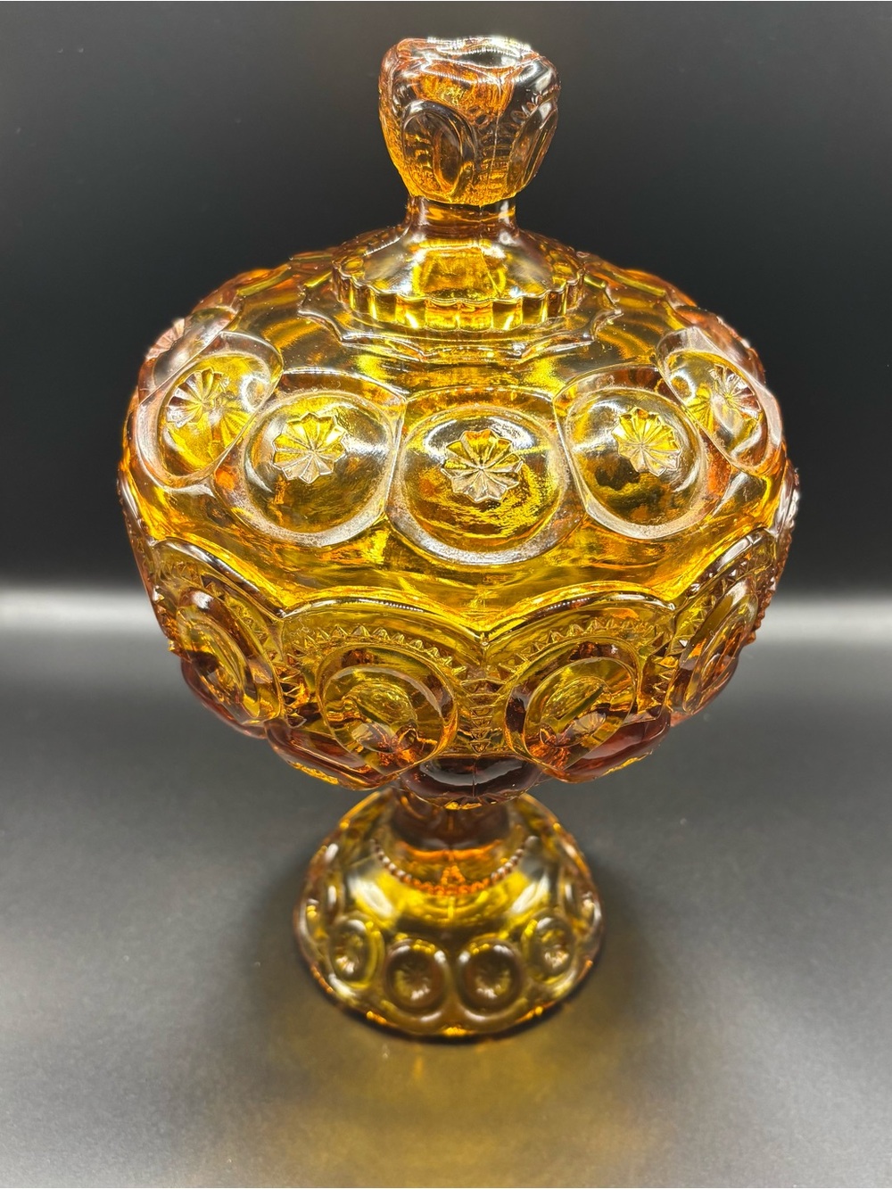 Vintage 10” L.E. Smith Amber Moon and Stars Lidded Compote Candy Dish